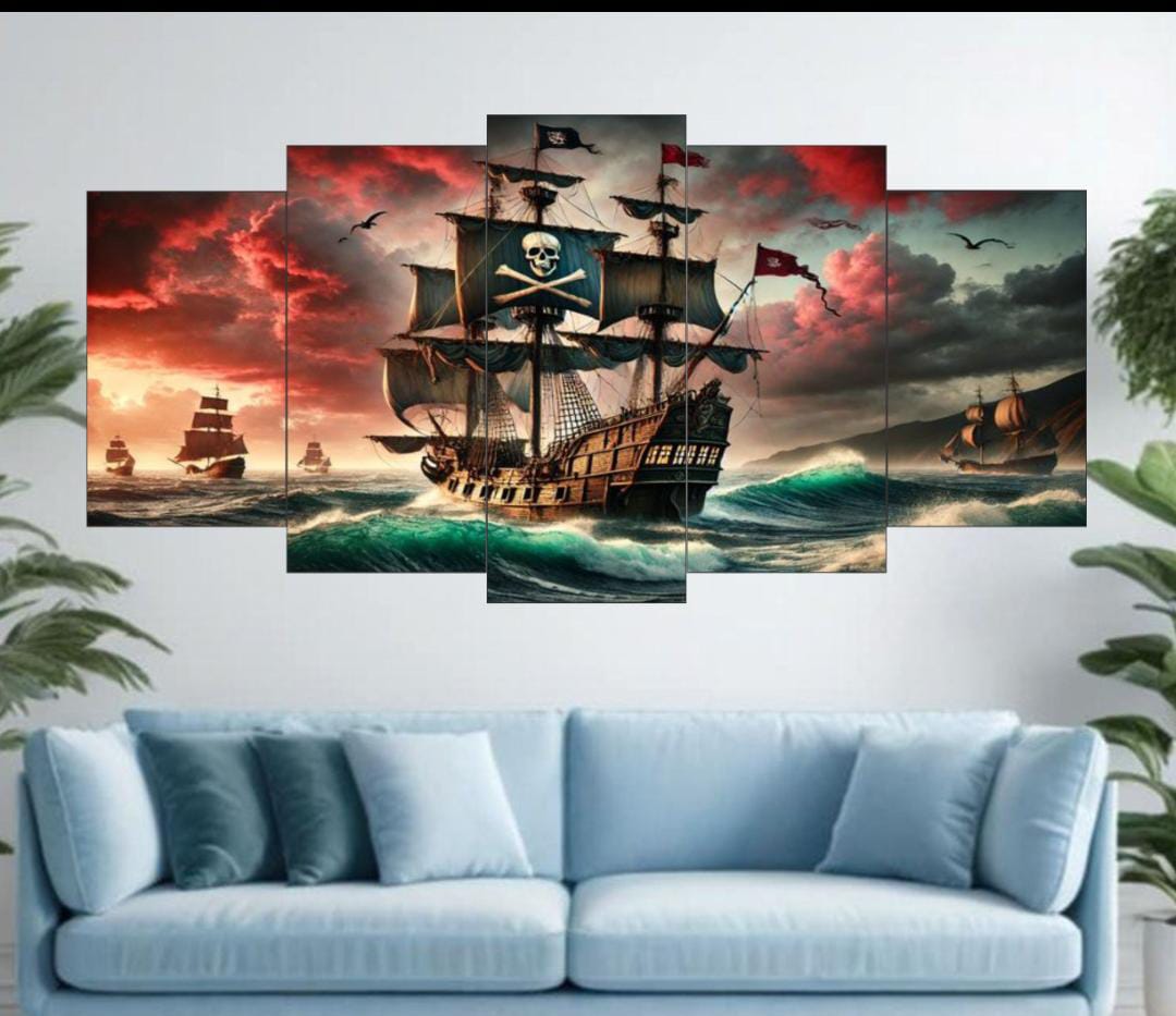 Pirate Ship Ocean Voyage Wall Art – 5-Piece Canvas Set (16x40 inches)